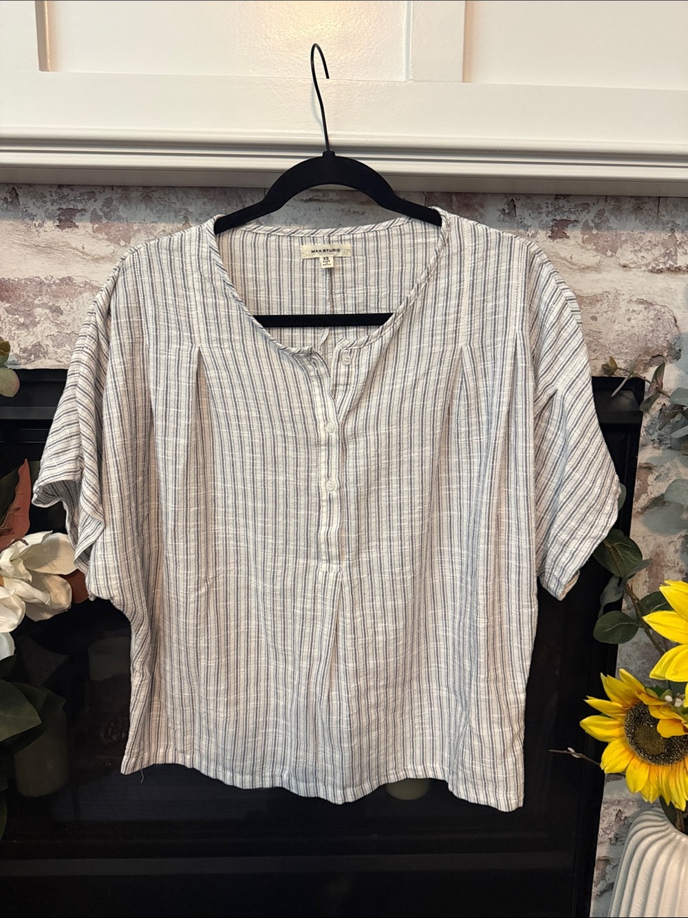 Max Studio Striped Short-Sleeve Button Front Top in White and Gray